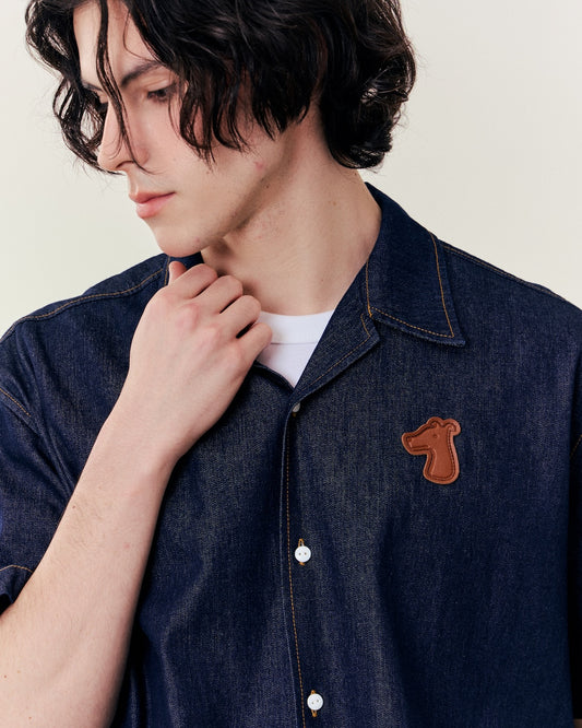 SMILEYHOUND CAMP COLLAR DENIM LEATHER PATCH LOGO SHIRT