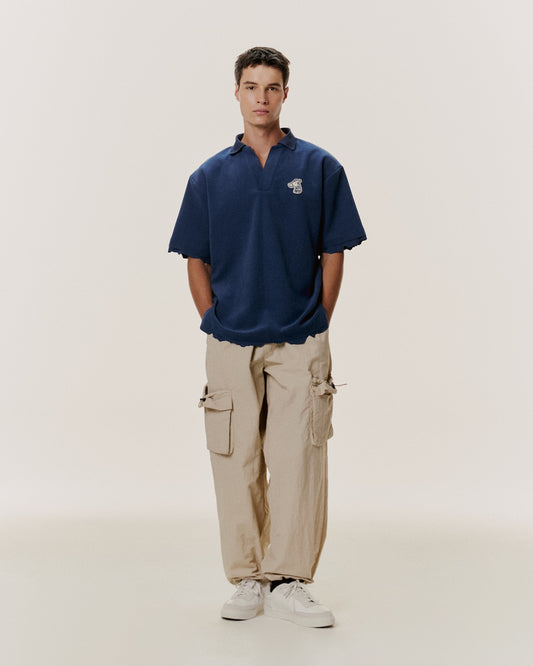 RAW EDGE OPEN-PLACKET POLO SHIRT WITH LOGO EMBROIDERED