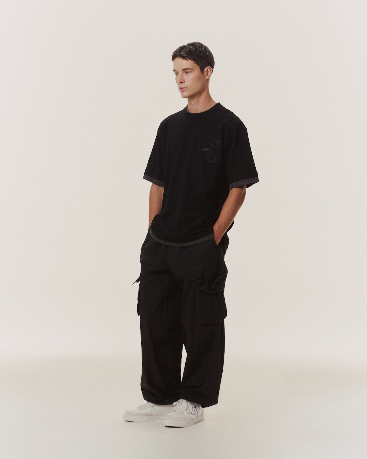 DOUBLE LAYERED T-SHIRT WITH LOGO EMBROIDERED