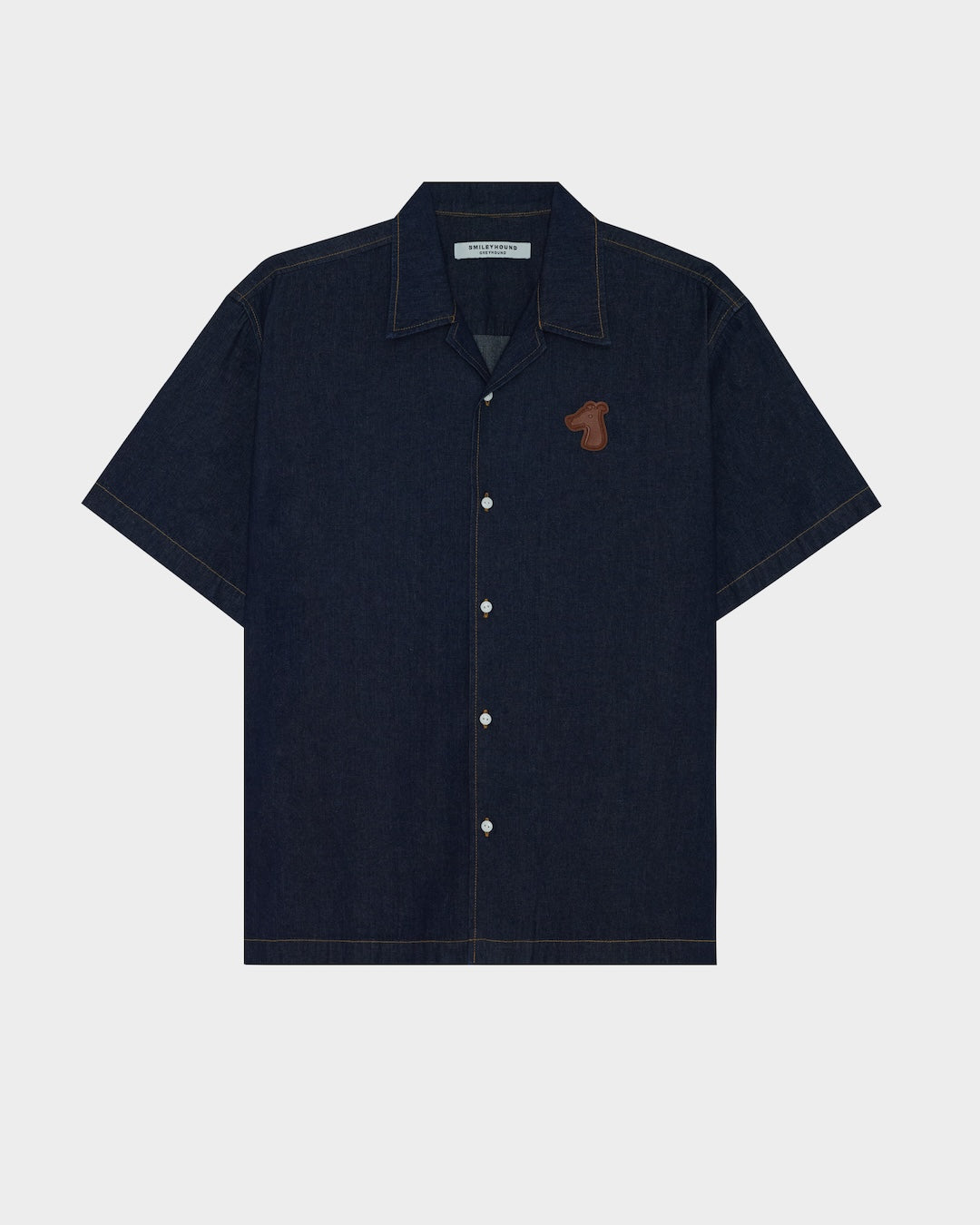 SMILEYHOUND CAMP COLLAR DENIM LEATHER PATCH LOGO SHIRT