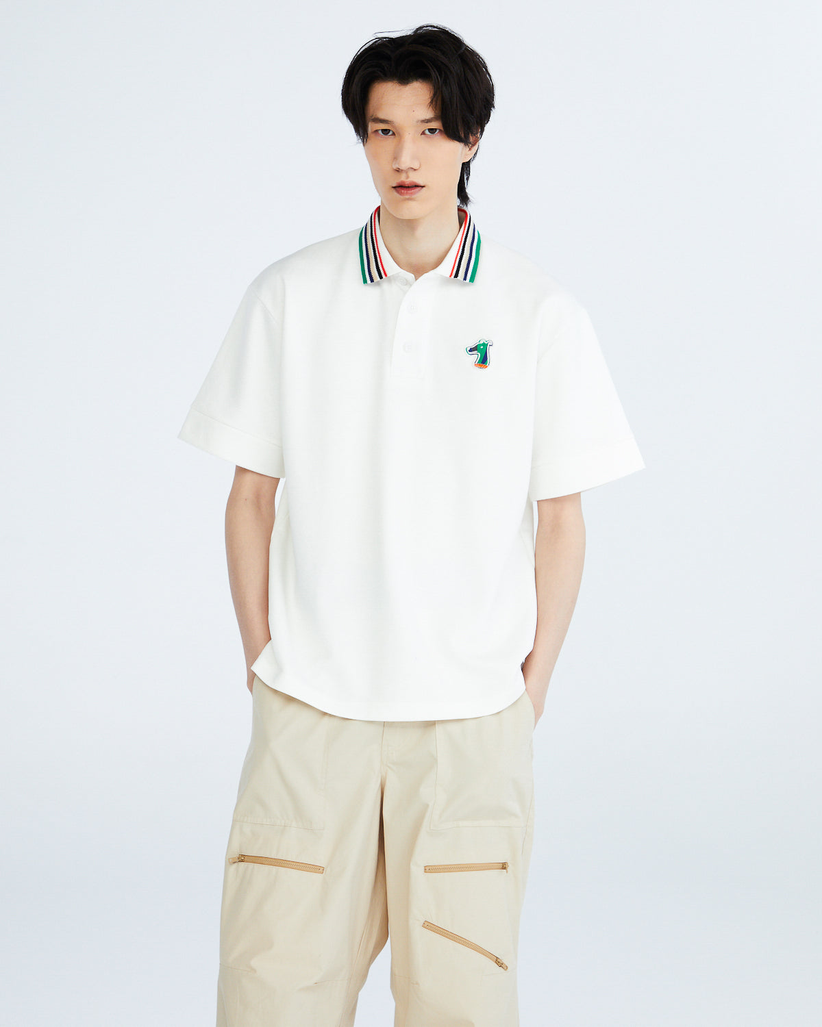 STRIPE COLLAR POLO SHIRT WITH LOGO EMBROIDERED