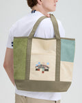 COTTON CORDUROY COLOR BLOCK TOTE BAG WITH LOGO EMBROIDERED