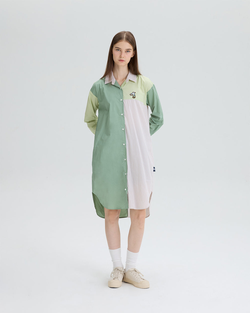 STRIPED COLOR-BLOCK SHIRT DRESS WITH LOGO EMBROIDERED