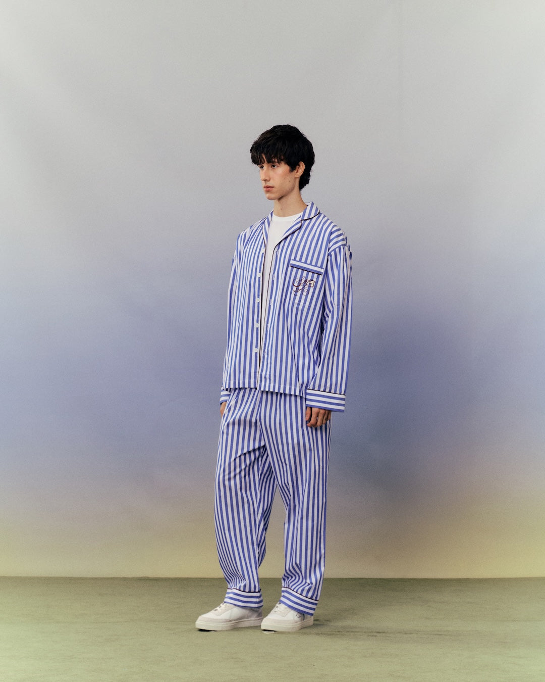 SMILEYHOUND PAJAMA-STRIPE PIPED LOUNGE SHIRT