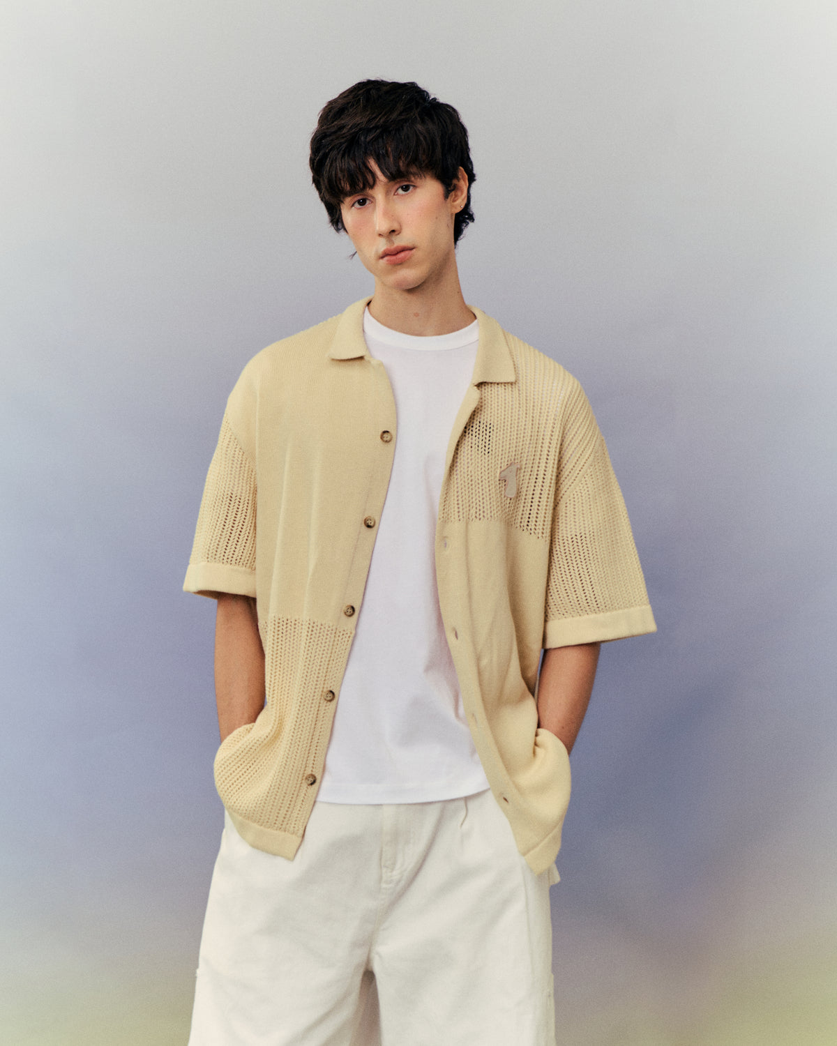 SMILEYHOUND MIXED-TEXTURE KNITTED CAMP SHIRT