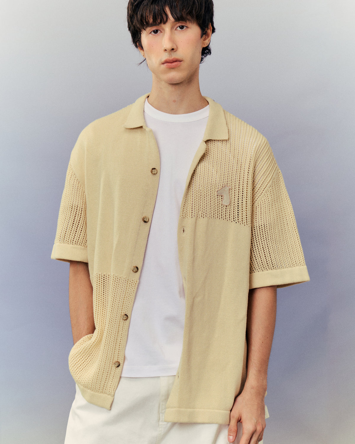 SMILEYHOUND MIXED-TEXTURE KNITTED CAMP SHIRT