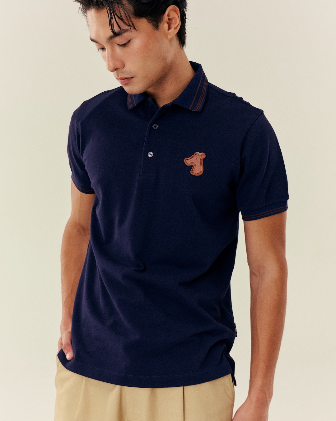 SMILEYHOUND STRIPED RIB COLLAR POLO WITH LEATHER PATCH