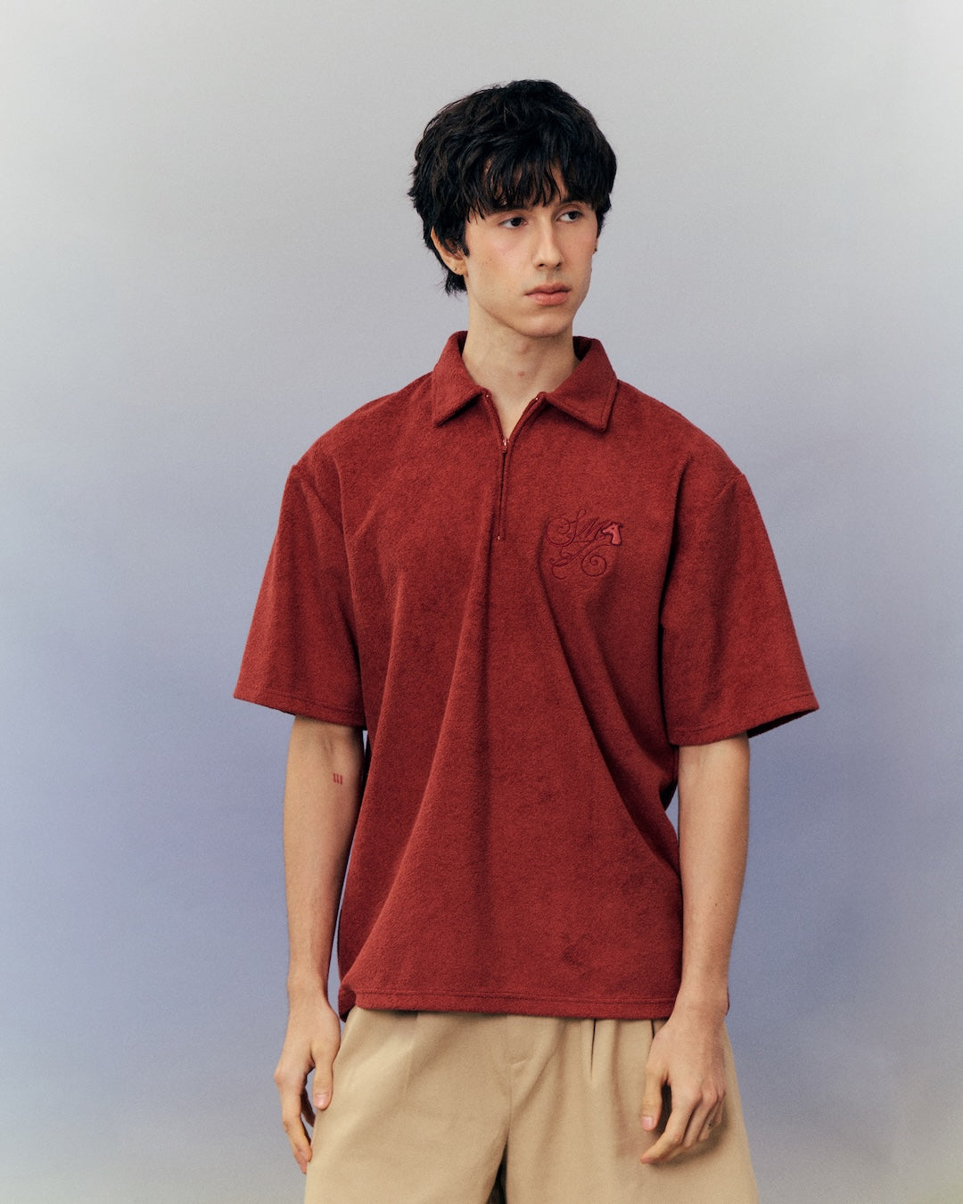 SMILEYHOUND TERRY HALF-ZIP POLO WITH SCRIPT INITIAL LOGO